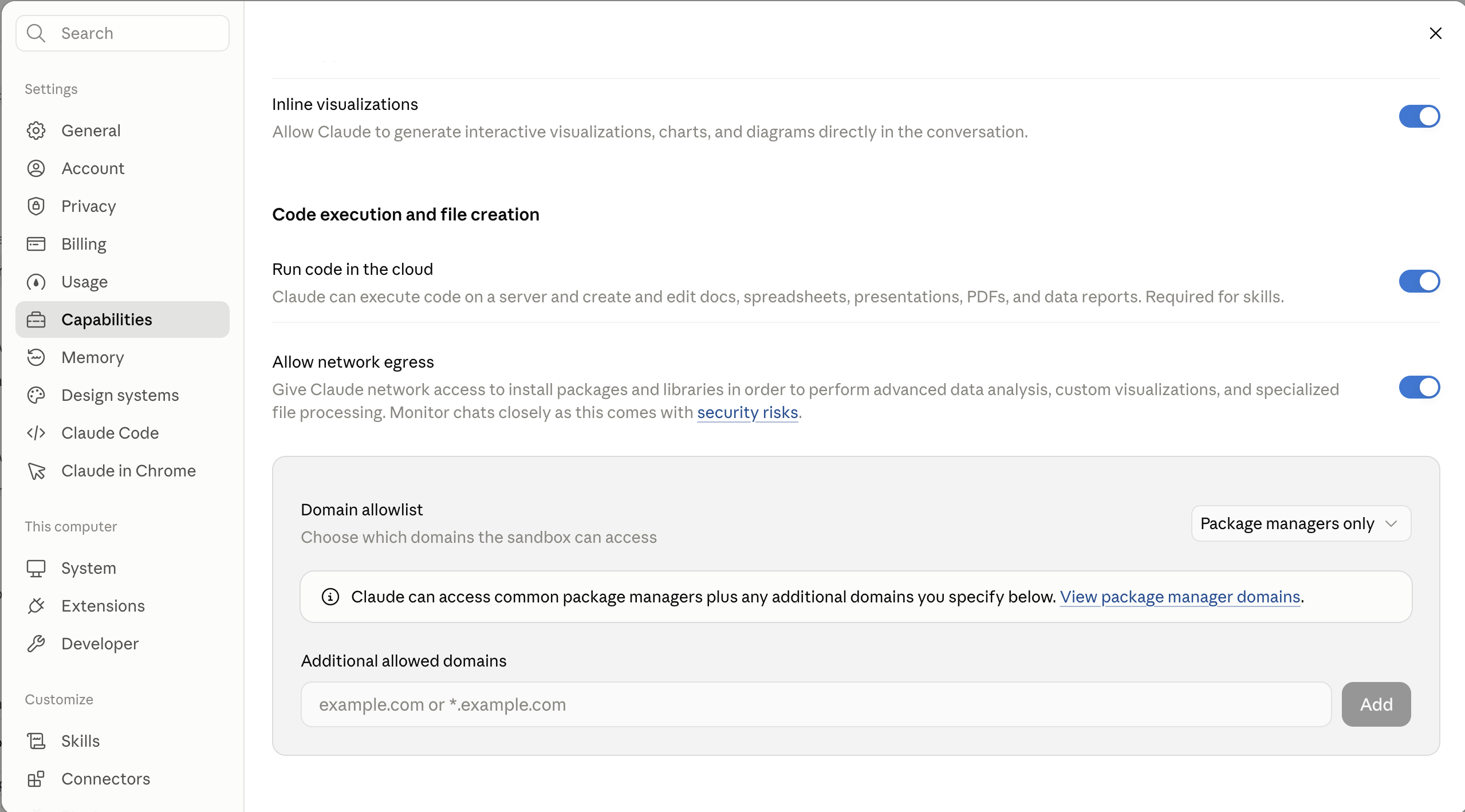 Claude’s Settings, Capabilities page, with Run code in the cloud switched on under Code execution and file creation