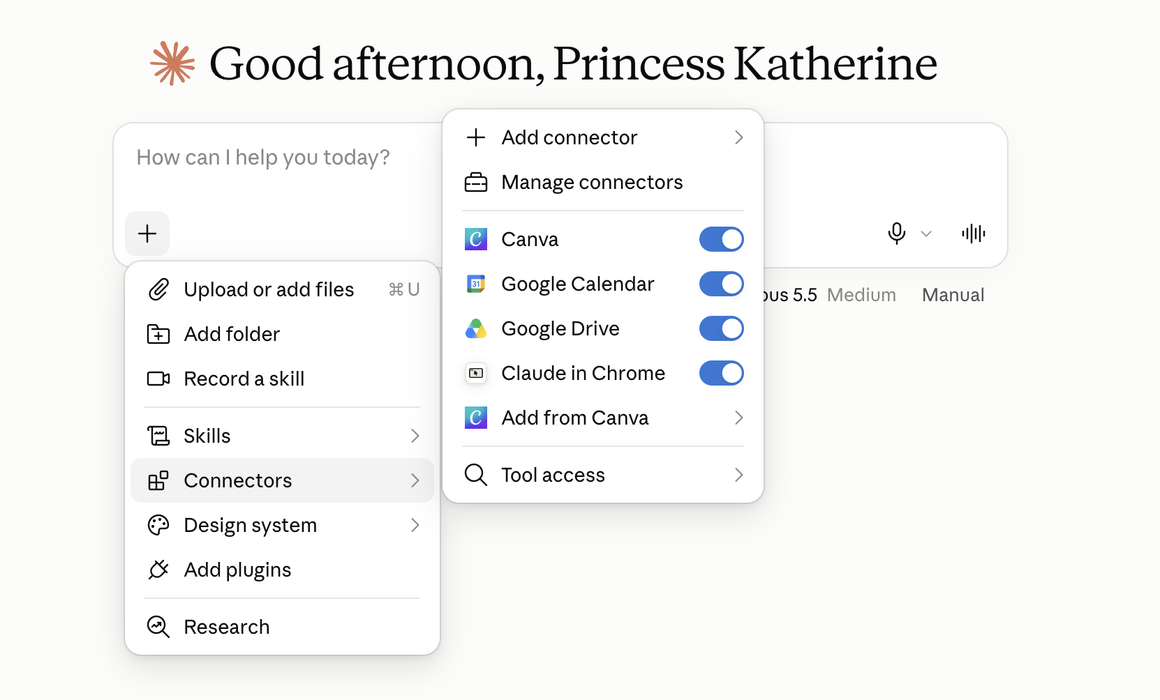 The Connectors menu next to the message box, with Google Calendar switched on