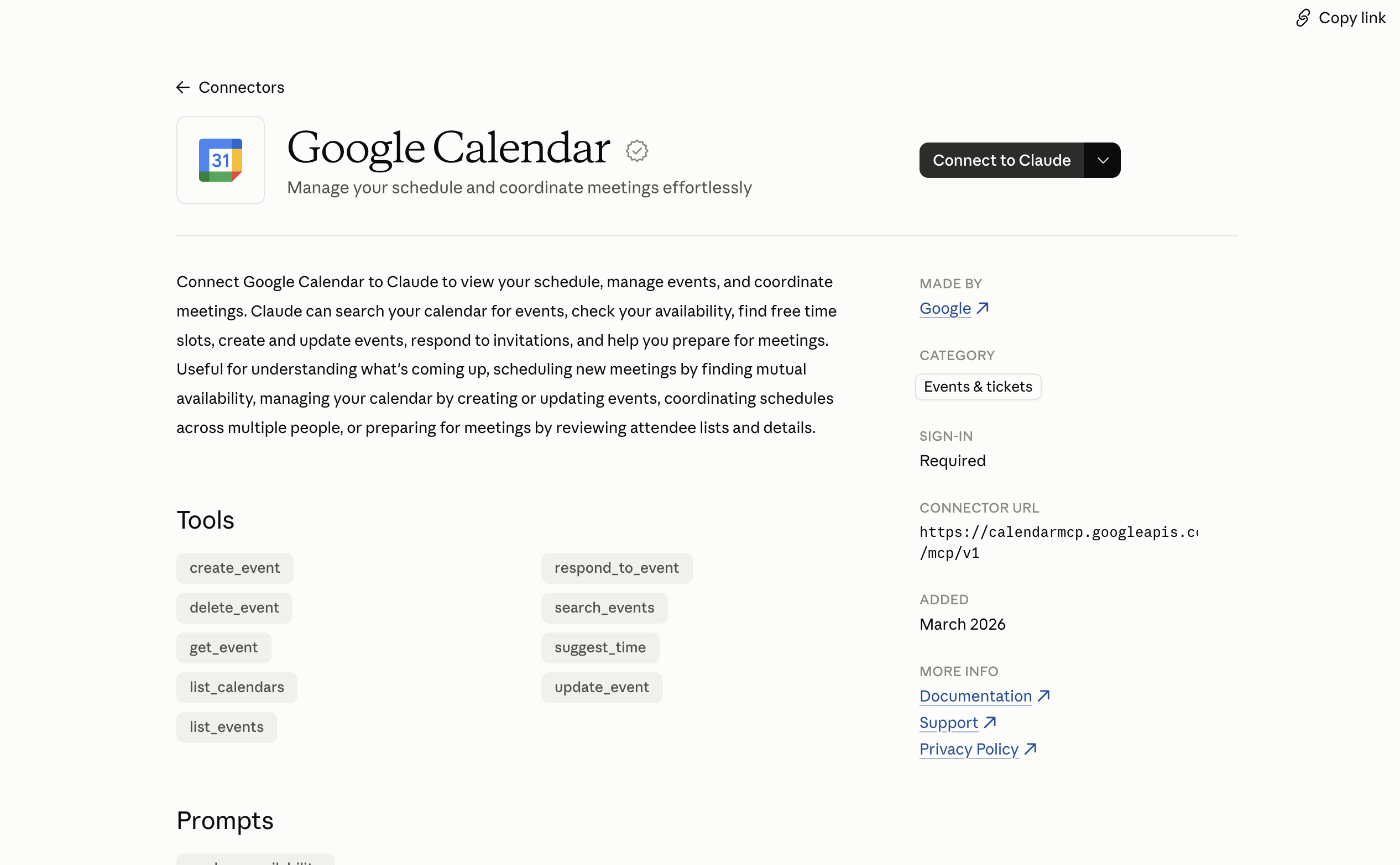 The Google Calendar connector page in Claude, with the Connect to Claude button