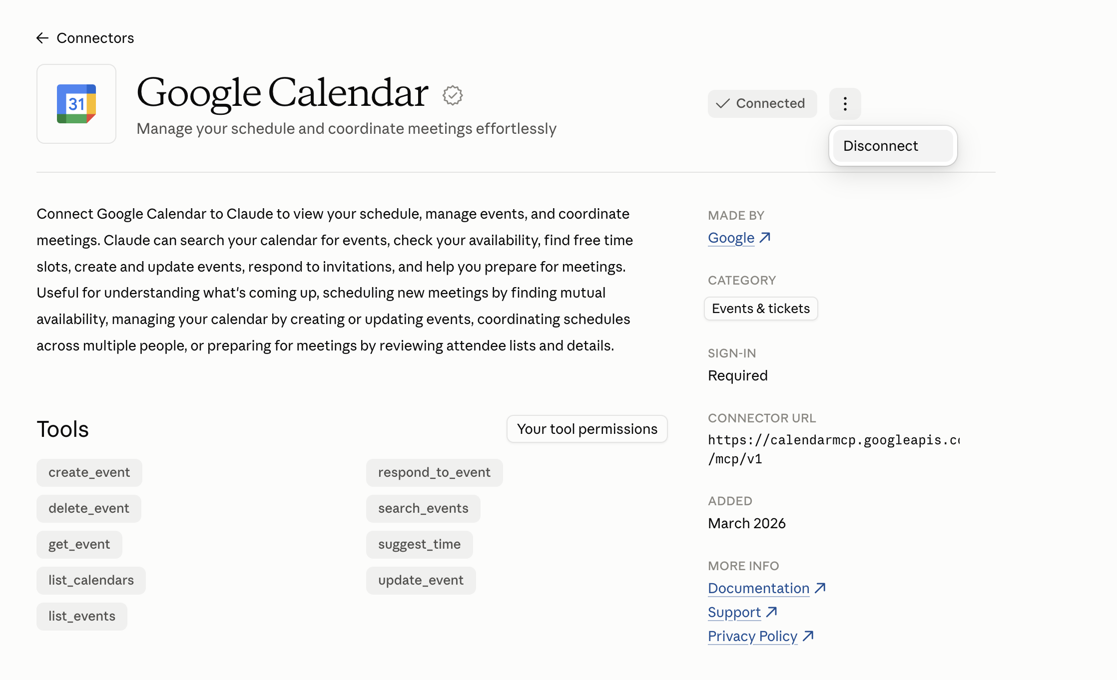 The Google Calendar connector page with the Disconnect option showing