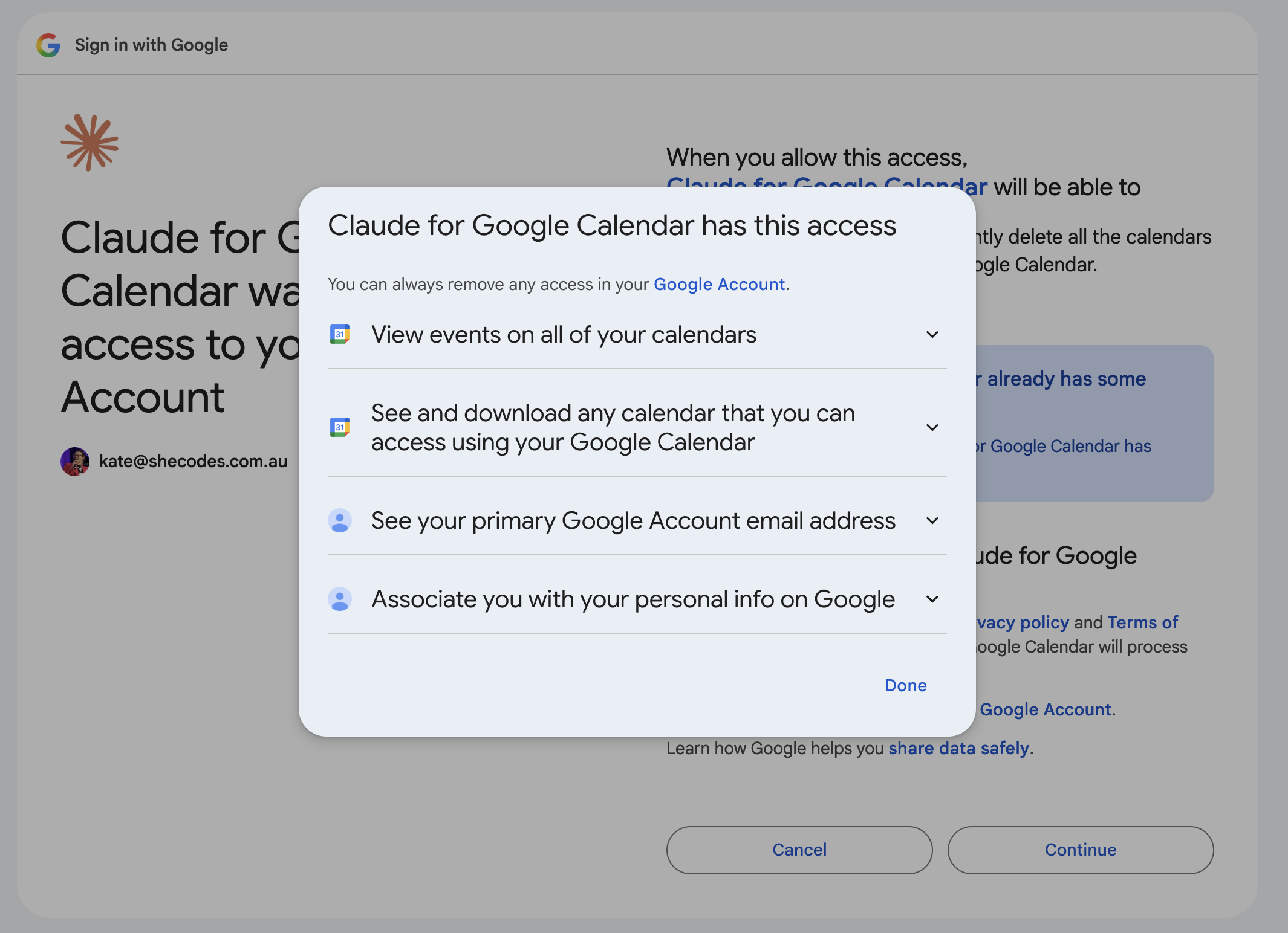 Google’s sign-in screen listing what Claude for Google Calendar will be able to access