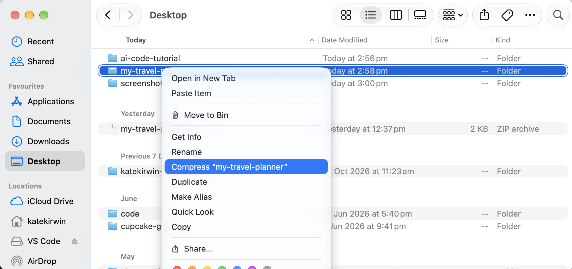 The Mac right-click menu on the my-travel-planner folder, with Compress highlighted