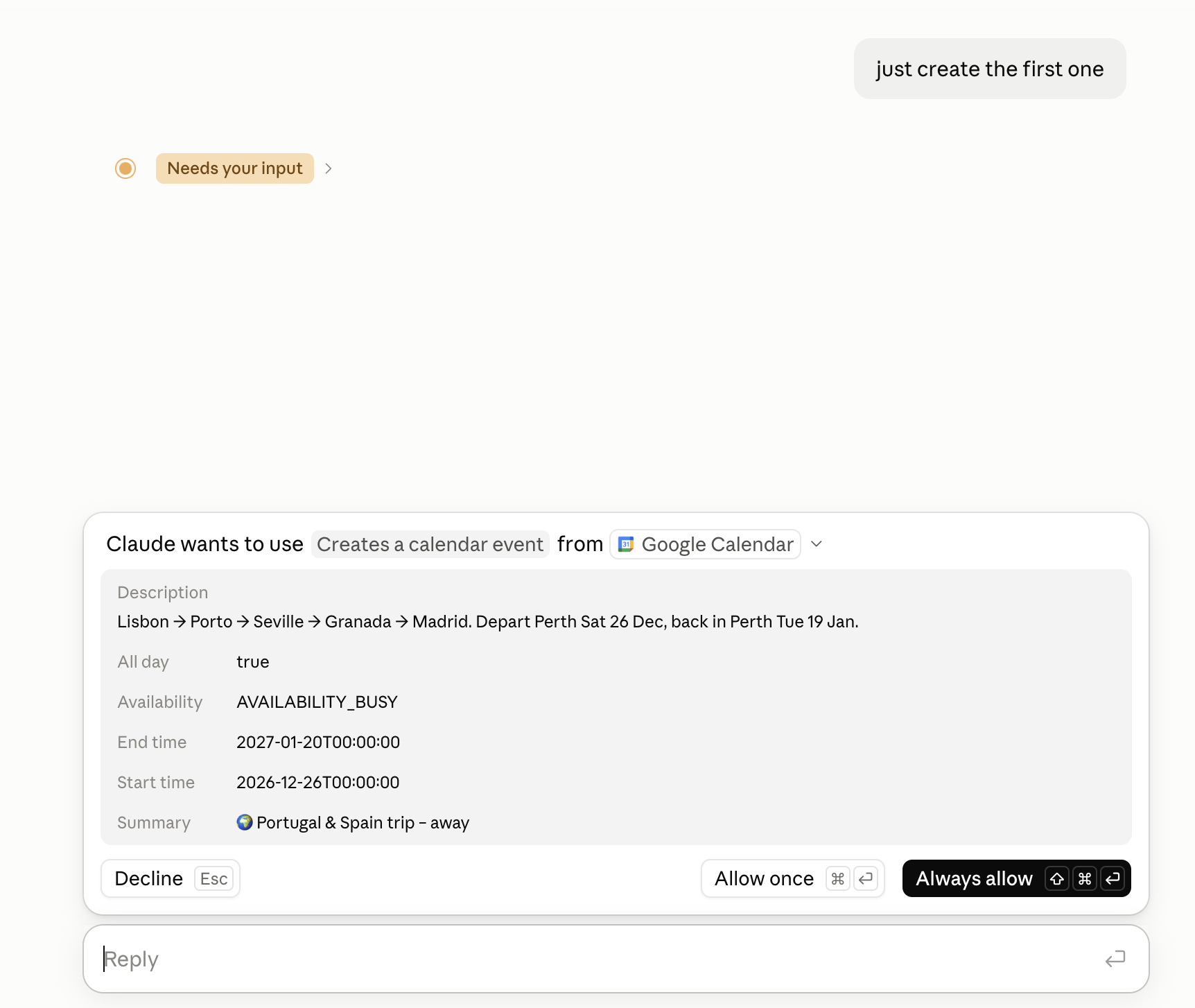 Claude asking for permission before creating a Google Calendar event, with Decline, Allow once and Always allow buttons