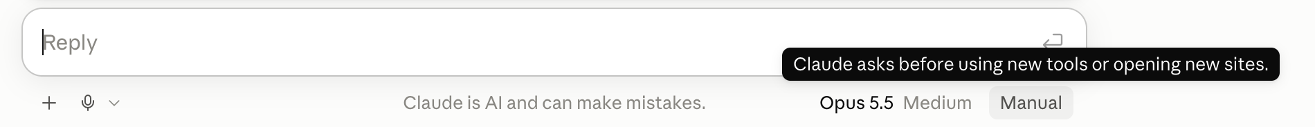 The permission setting in Claude’s message box, set to Manual