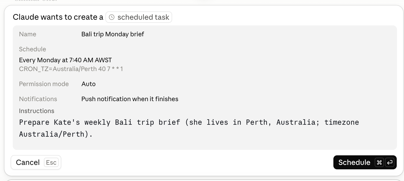 Claude’s summary of a new scheduled task, showing its name, schedule and instructions, with a Schedule button