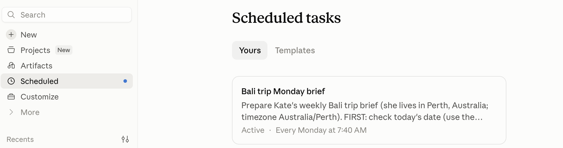 The Scheduled tasks page showing a weekly trip brief and when it runs