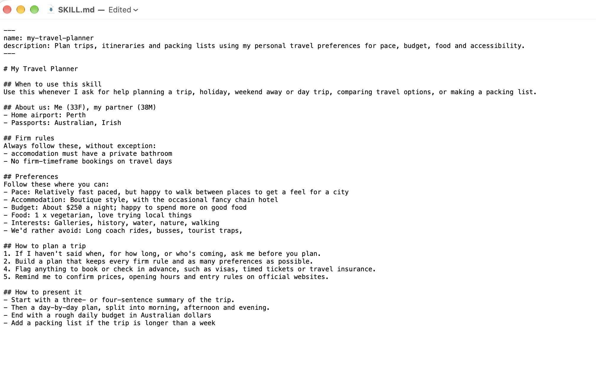 A filled-in SKILL.md open in TextEdit