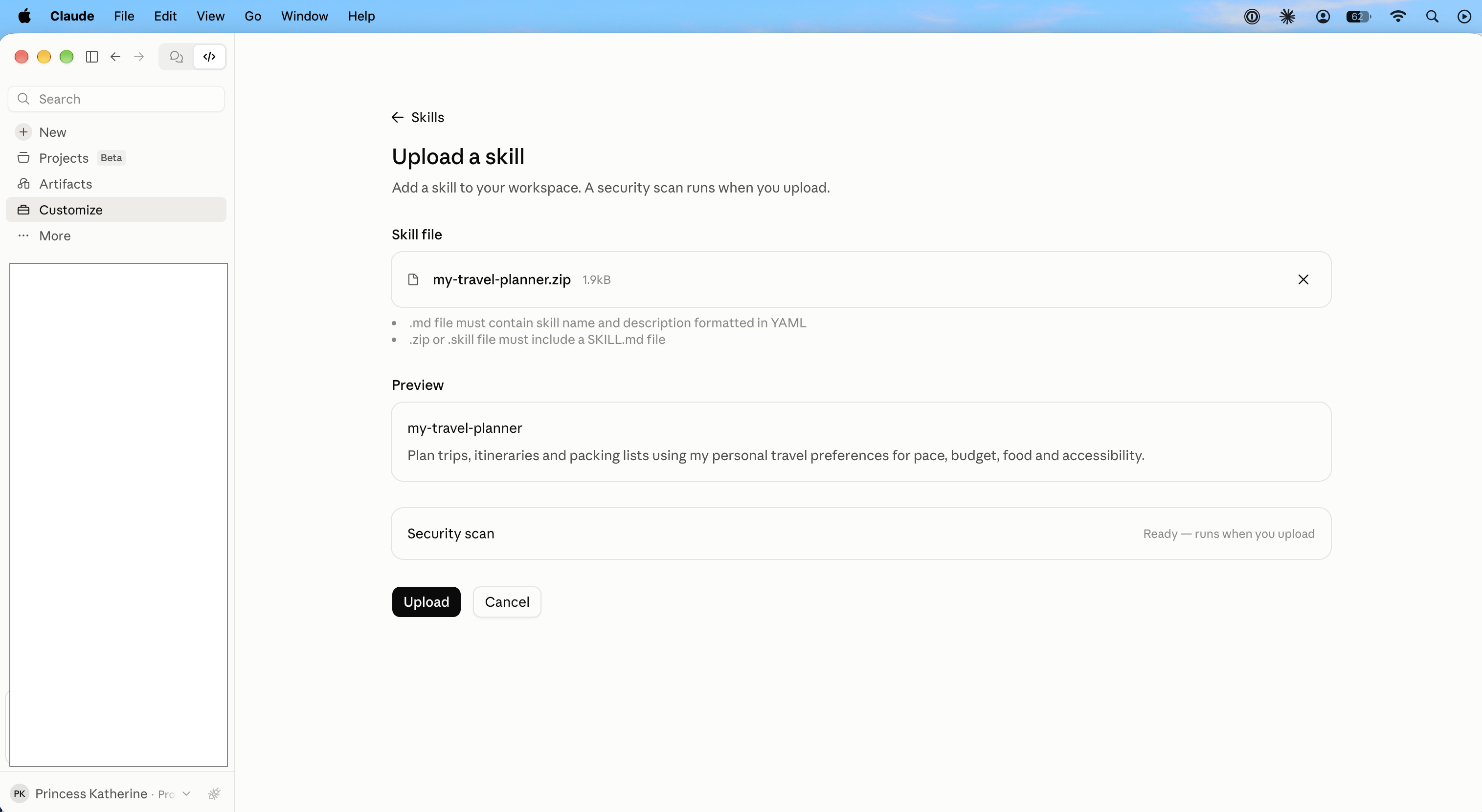 The Upload a skill page in Claude, with my-travel-planner.zip ready to upload