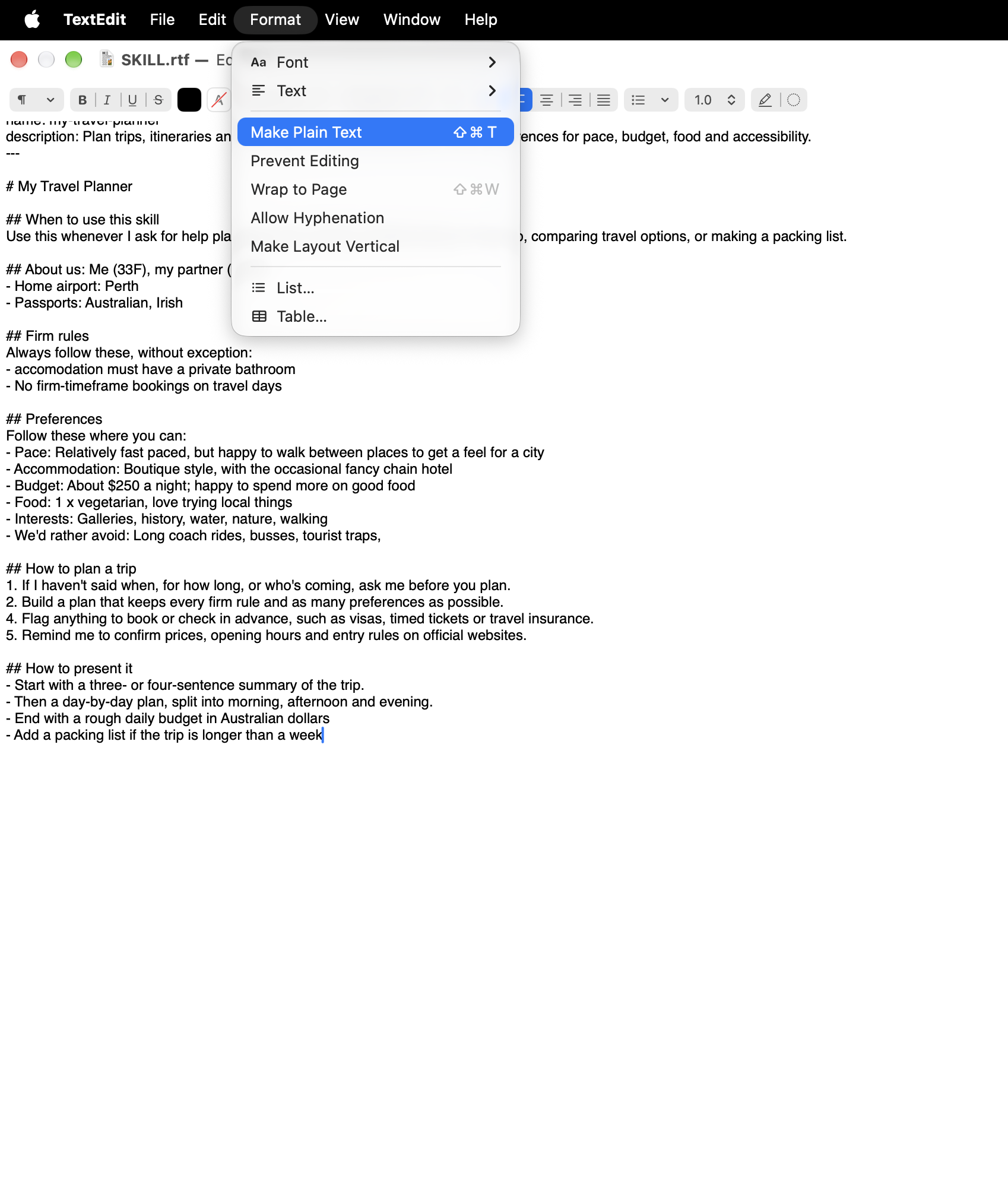 TextEdit&rsquo;s Format menu with Make Plain Text highlighted