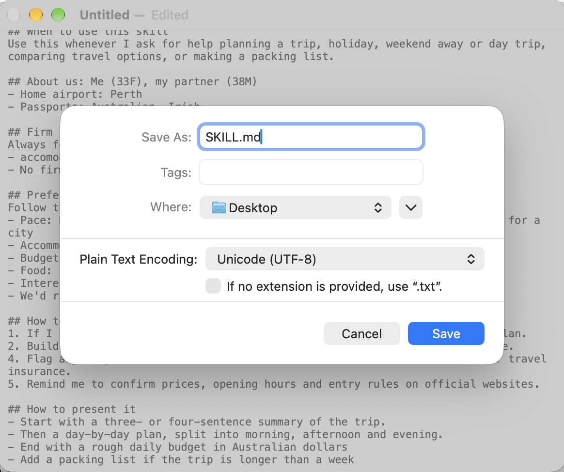 TextEdit&rsquo;s Save window with SKILL.md typed as the file name